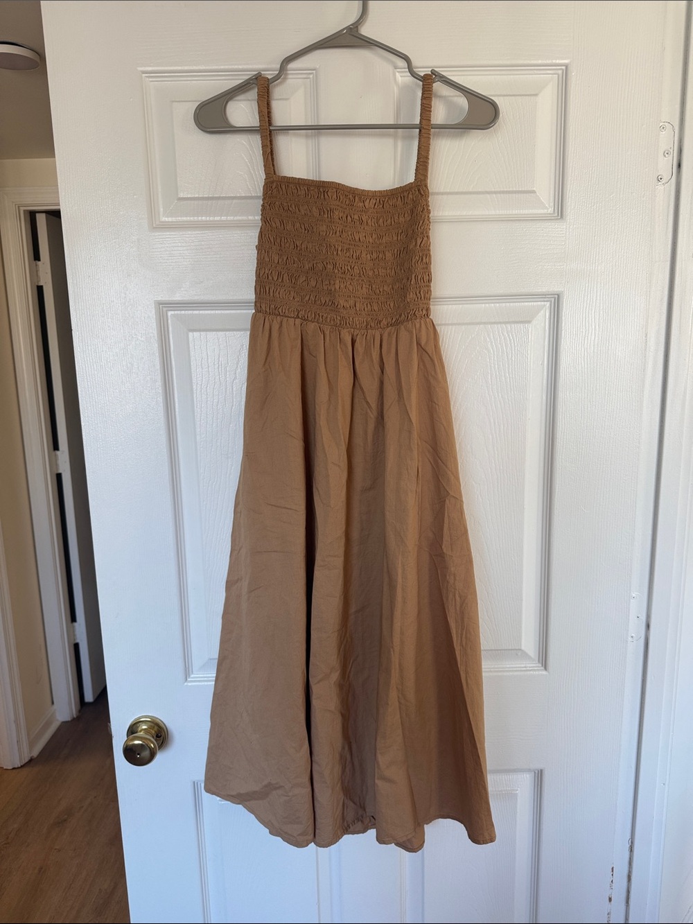 Smocked Strappy Midi Dress in Warm Camel